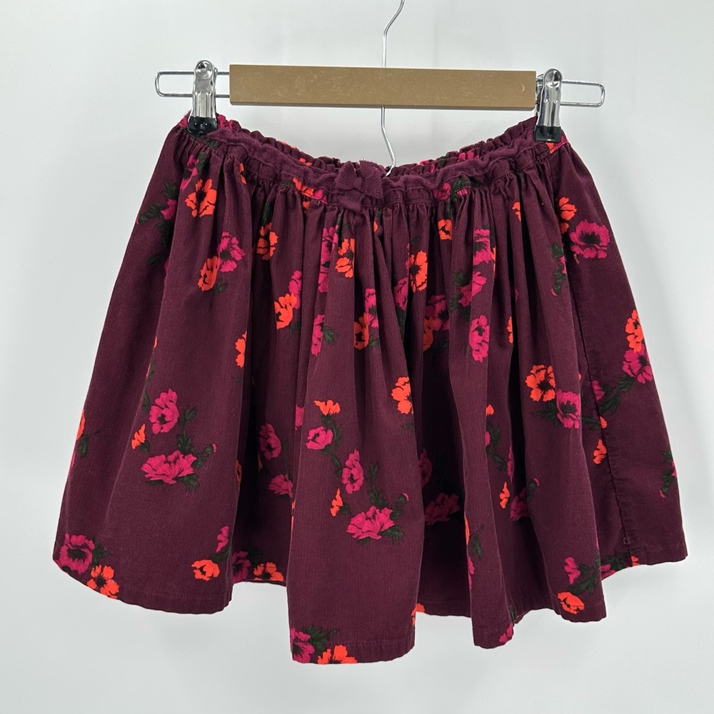 LANDS END Skirt Girls Size M 10/12 Corduroy Floral Burgundy Pull On Elastic Bow